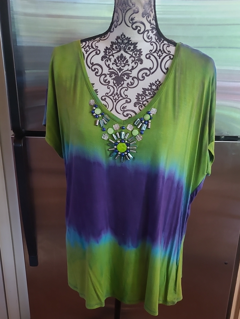 Ruby Rd. Green & Purple V-Neck Embellished Top
